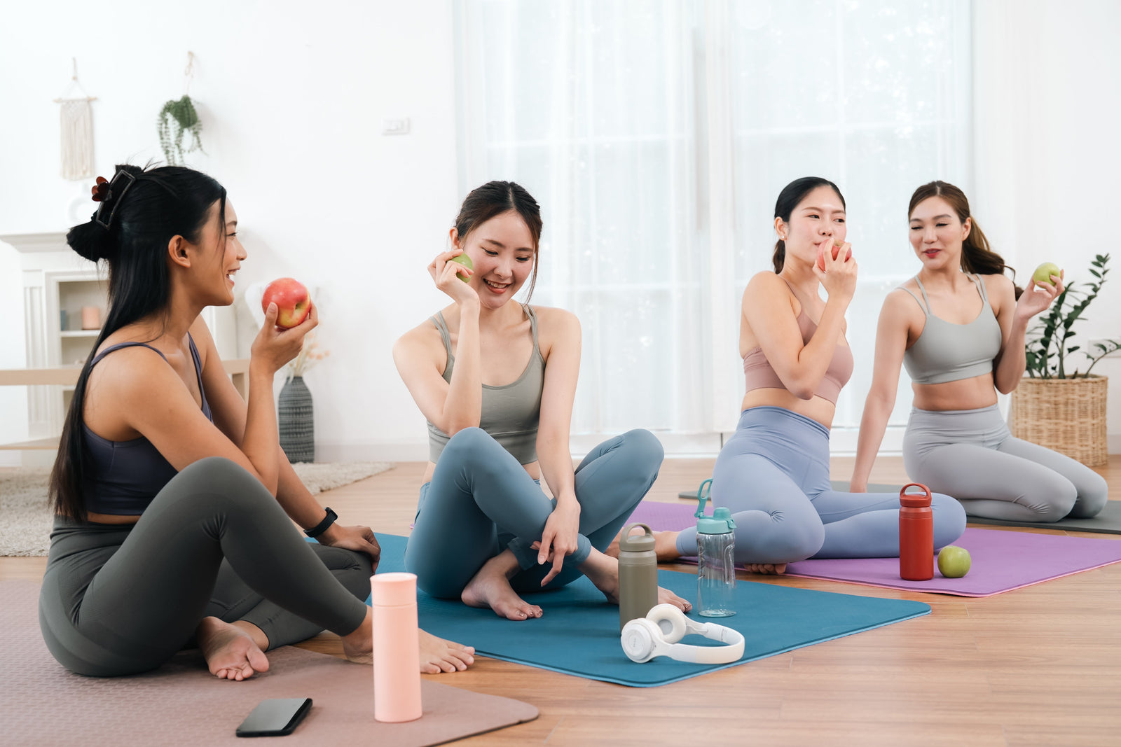 Clean Girl archetype — smiling women in workout clothes, milky pink and soft nude gel nail wraps